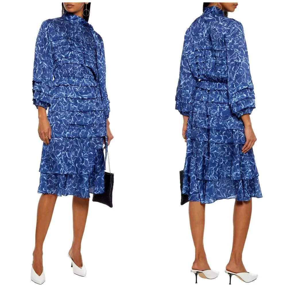 Sachin & Babi Dress Womens 2 Brielle Floral Print Tiered Tie Neck Satin Midi